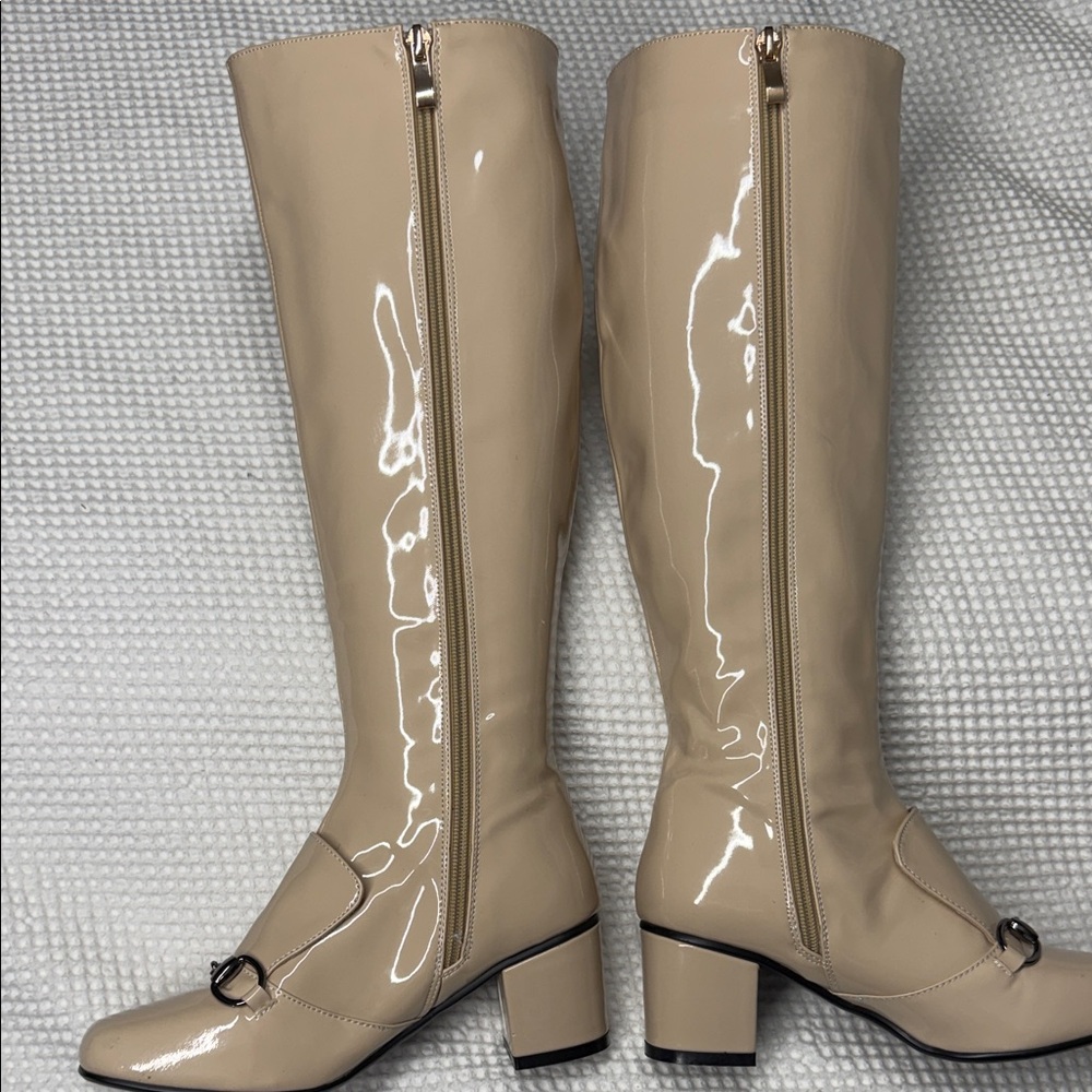 Source Unknown Beige Patent Knee-High Block Heel Boots - Picture 3 of 8